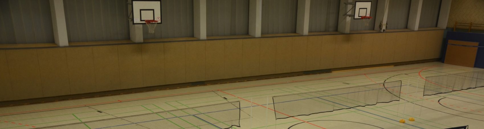 Basketballfeld mit Körben und Linien, in schlichter Sporthalle.
