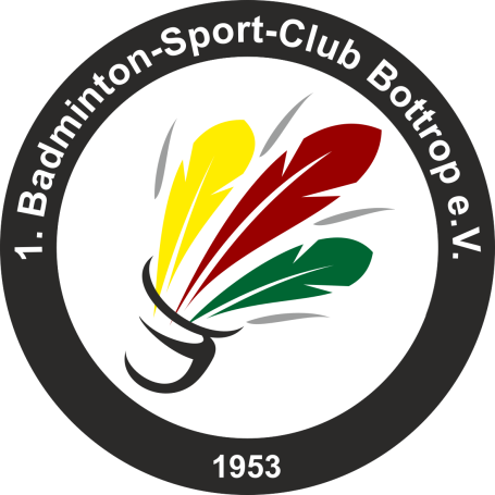 Logo des 1. Badminton-Sport-Club Bottrop e.V. mit Federbällen in den Farben Gelb, Rot und Grün.